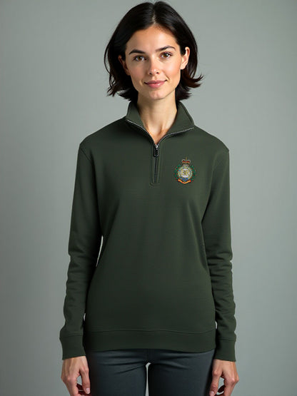 Female model wearing forest green Royal Engineers half zip sweatshirt with embroidered Royal Engineers logo, zip neck army-style pullover for women.