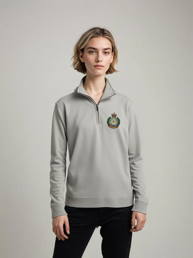 Female model wearing grey Royal Engineers half zip sweatshirt with official embroidered badge, quarter-zip military pullover for women, MOD licensed.