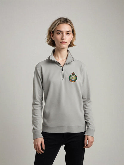Female model wearing grey Royal Engineers half zip sweatshirt with official embroidered badge, quarter-zip military pullover for women, MOD licensed.