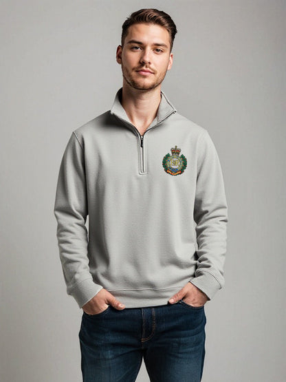 Male model in light grey Royal Engineers half zip sweatshirt with embroidered crest, official military-style pullover with high collar, MOD licensed gear.