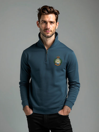 Male model in navy Royal Engineers half zip sweatshirt featuring embroidered military crest, official British Army pullover with half zip and stand-up collar.