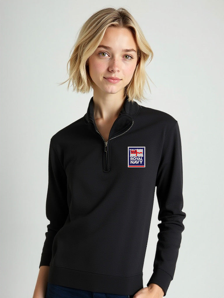 Women’s black Royal Navy quarter-zip sweatshirt featuring the official embroidered Royal Navy logo, stylish military-themed apparel for service members, veterans, and supporters