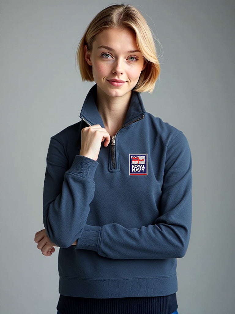 Women’s navy quarter-zip sweatshirt with embroidered Royal Navy logo, patriotic fleece pullover designed for comfort and everyday wear by service members, supporters, and veterans.