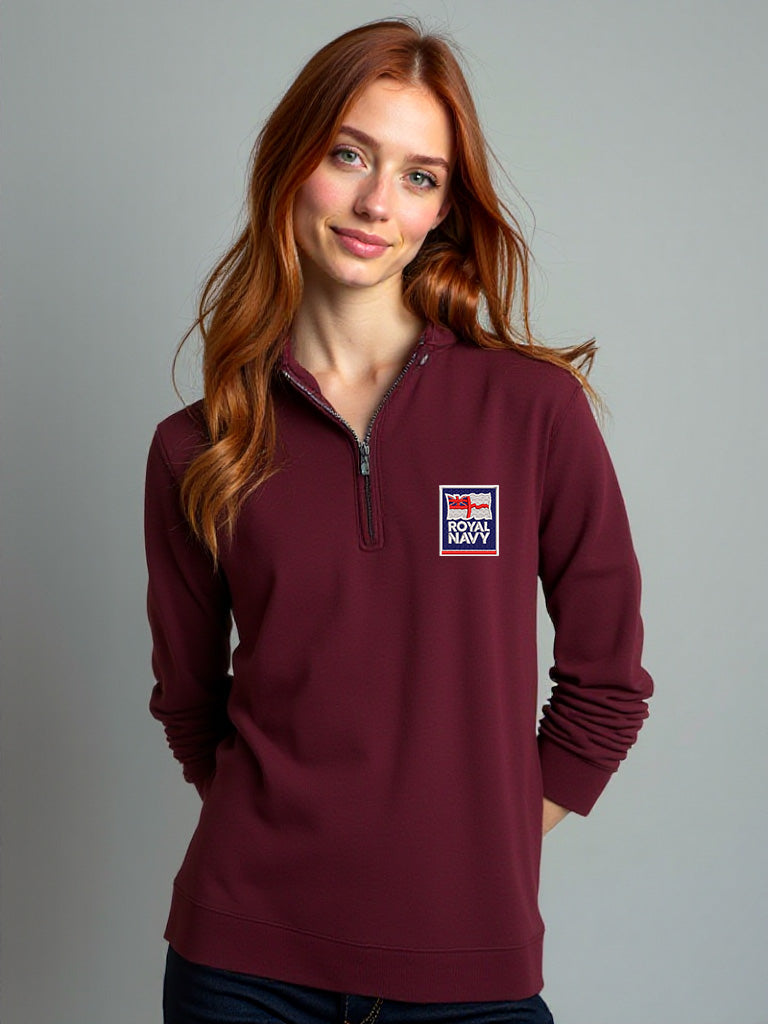 Women’s maroon quarter-zip Royal Navy sweatshirt featuring an embroidered Royal Navy logo, military-inspired fleece ideal for veterans, naval personnel, and supporters seeking warmth and official branding.