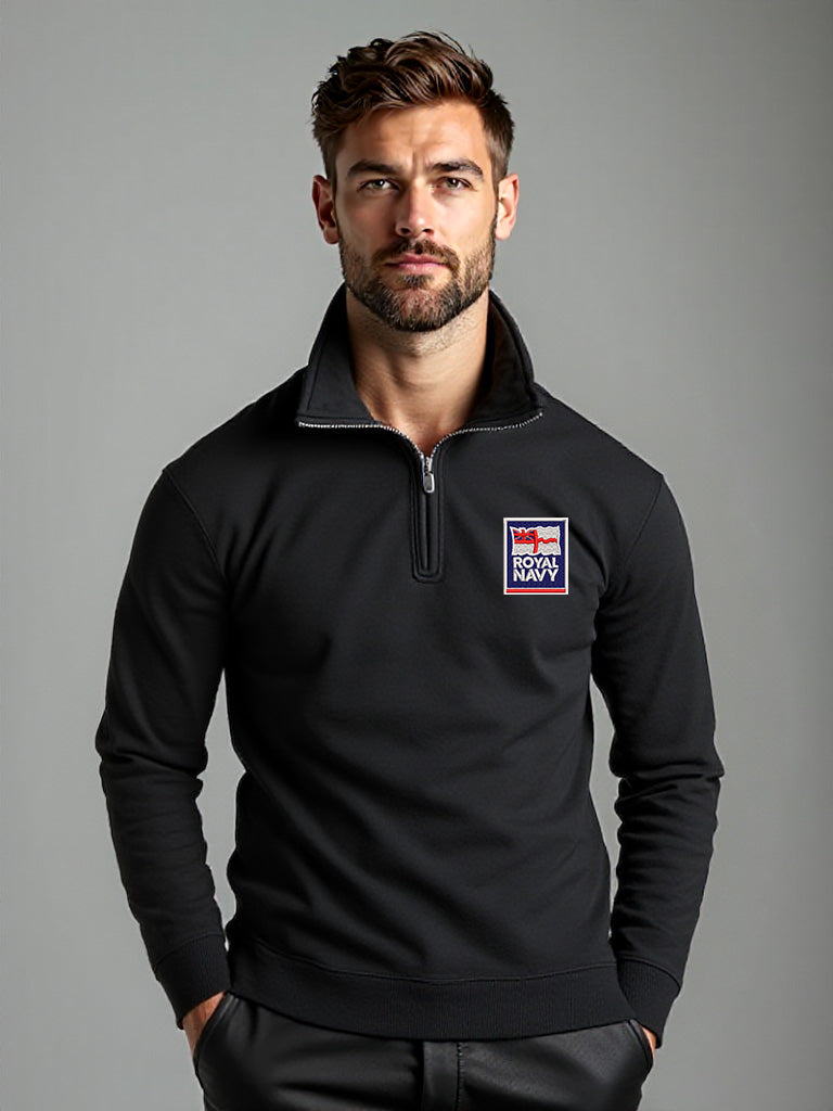 Men’s black Royal Navy quarter-zip sweatshirt with official embroidered Royal Navy logo patch, premium military-inspired apparel for veterans, supporters, and outdoor wear.