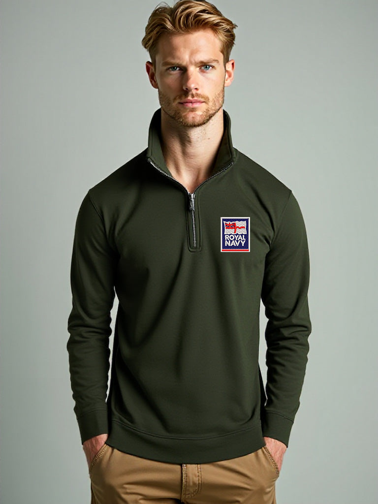 Men’s forest green Royal Navy quarter-zip sweatshirt featuring an embroidered Royal Navy logo, ideal for military personnel, veterans, and supporters seeking premium, official-issue outdoor wear