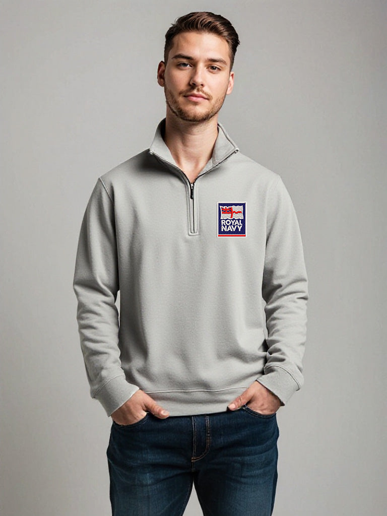 Male model wearing grey Royal Navy quarter-zip sweatshirt with embroidered logo, casual military-style pullover for men, standing against plain background.