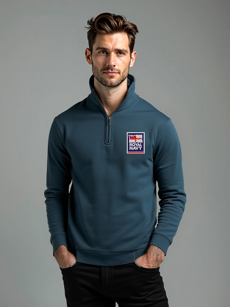 Men’s navy quarter-zip sweatshirt with embroidered Royal Navy badge, military-inspired fleece top ideal for Royal Navy supporters, veterans, or casual wear with patriotic pride.