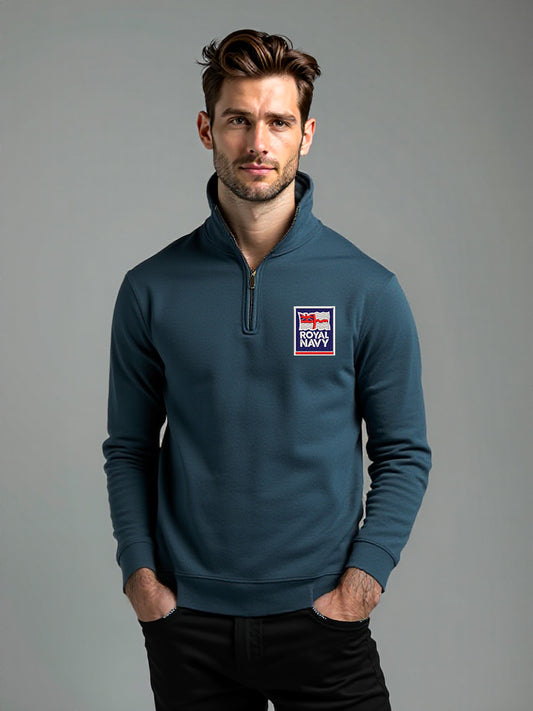 Men’s navy quarter-zip sweatshirt with embroidered Royal Navy badge, military-inspired fleece top ideal for Royal Navy supporters, veterans, or casual wear with patriotic pride.
