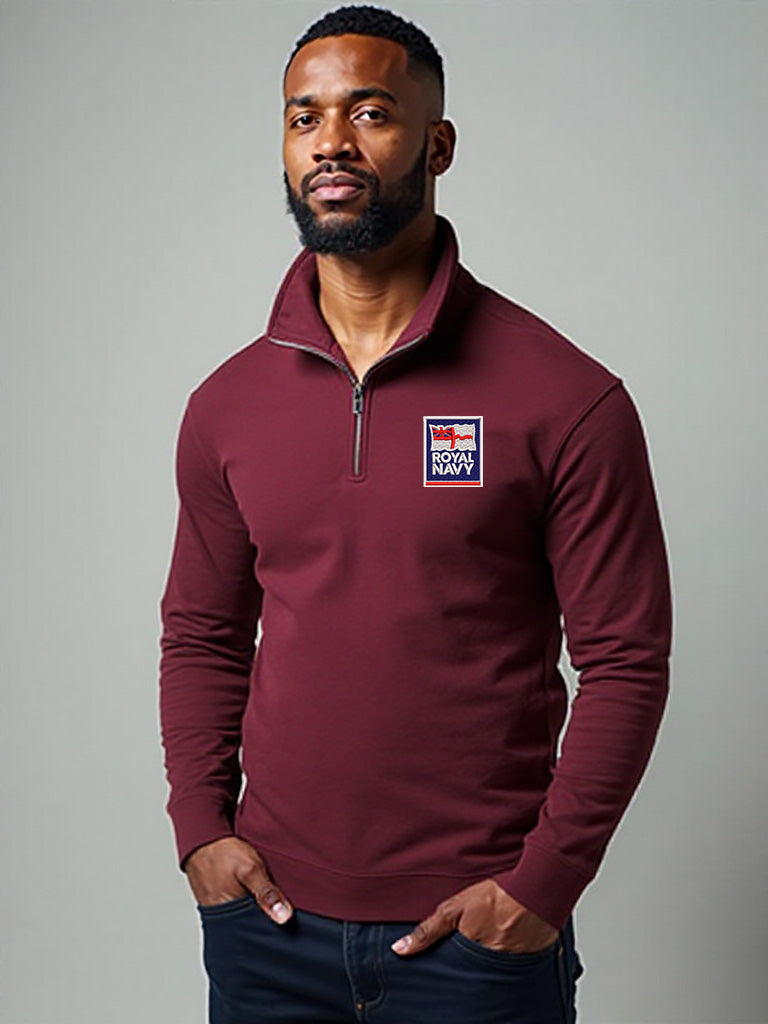 Men’s maroon quarter-zip Royal Navy sweatshirt featuring an embroidered Royal Navy logo, military-style pullover perfect for service members, veterans, and naval supporters seeking warmth and style