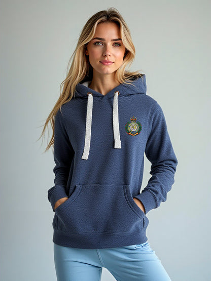 Woman wearing a navy melange hoodie with a Royal Engineers crest on the left chest, white drawstrings, and a front pouch pocket, standing against a neutral grey background