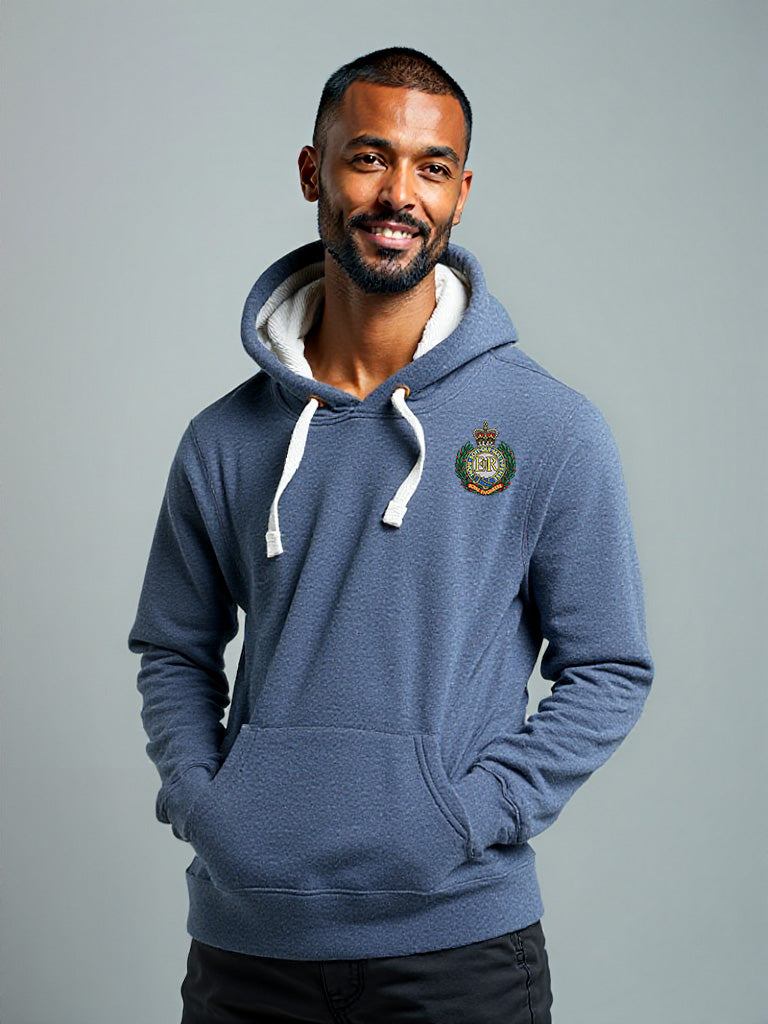 Man wearing a navy melange hoodie with a Royal Engineers crest on the left chest, white drawstrings, and a front pouch pocket, standing against a neutral grey background.