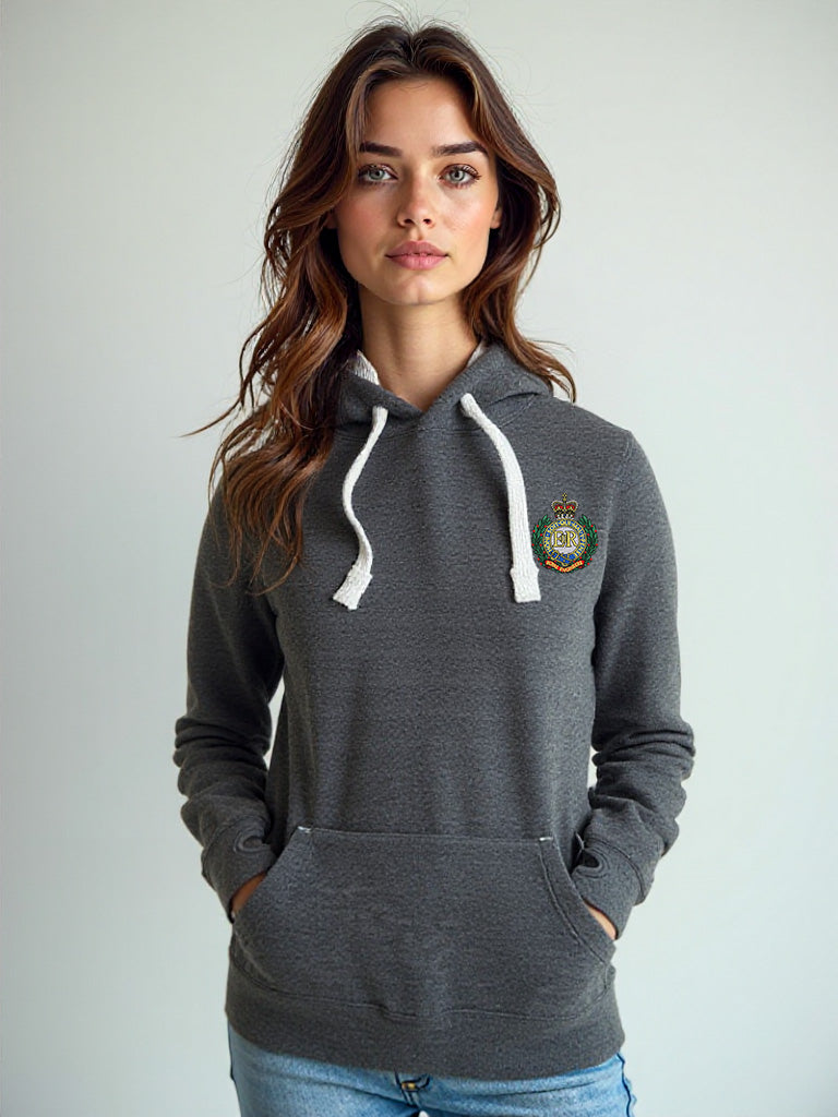 Woman wearing a black melange hoodie with a Royal Engineers crest on the left chest, white drawstrings, and a front pouch pocket, standing against a neutral grey background.