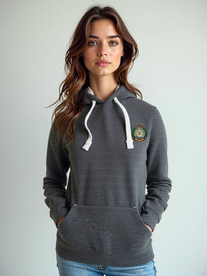 Woman wearing a black melange hoodie with a Royal Engineers crest on the left chest, white drawstrings, and a front pouch pocket, standing against a neutral grey background.