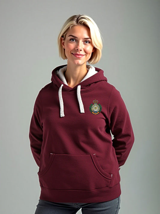 Woman wearing a maroon hoodie with a Royal Engineers crest on the left chest, featuring white drawstrings and a front pouch pocket, standing against a light grey background.