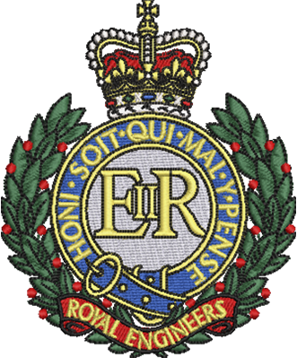 Royal Engineers embroidered crest with gold 'E II R' monogram, red crown, green laurel wreath, and blue banner reading 'Honi soit qui mal y pense'. Used for military embroidery on veteran and regimental garments
