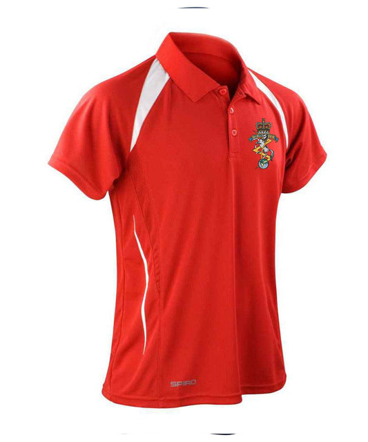 Navy and white REME Spyro Team Spirit polo shirt with embroidered logo and contrast panel design.