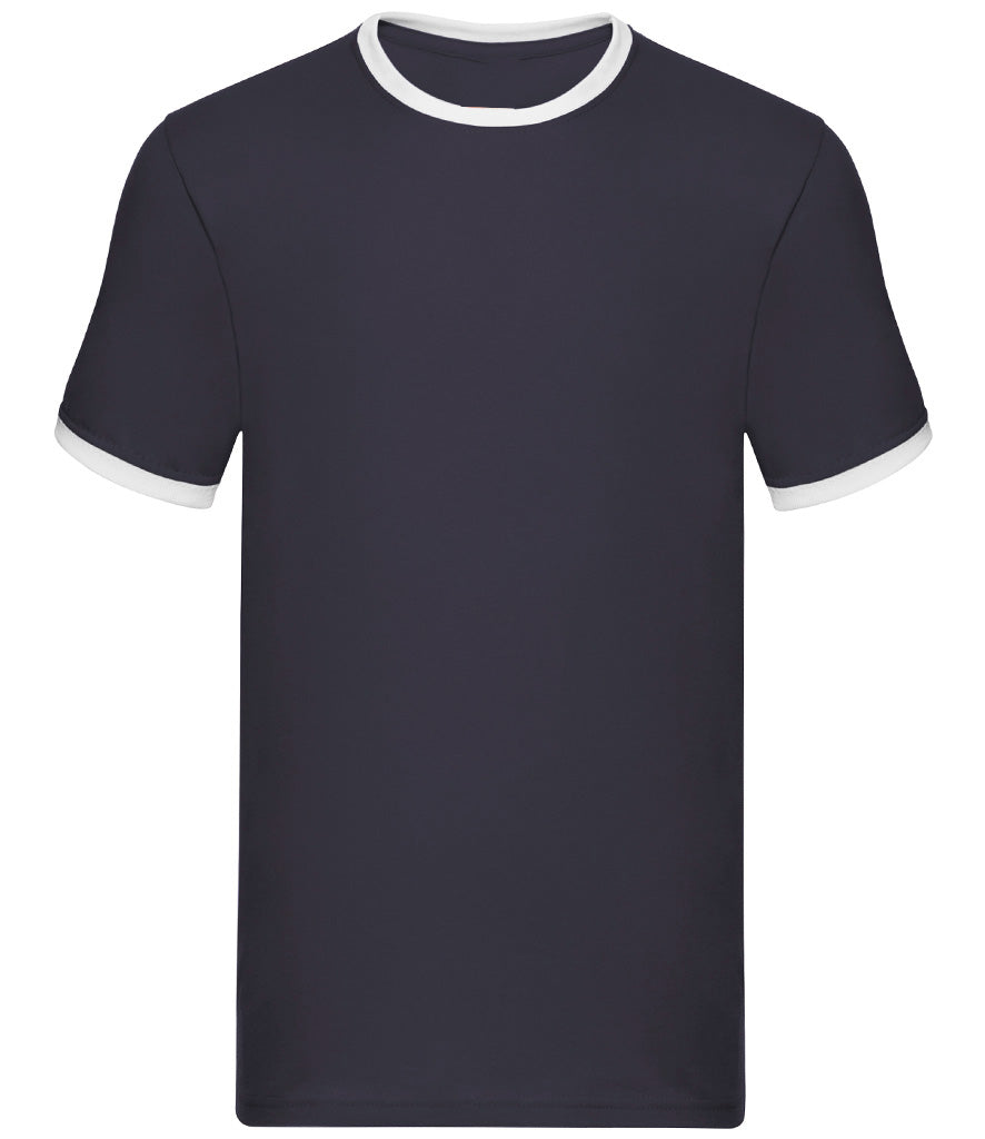 Navy blue t-shirt with white trim on a white background