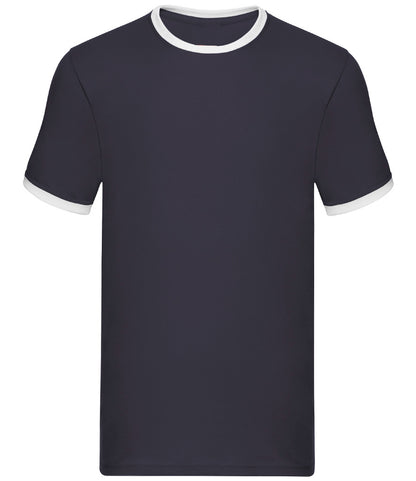 Navy blue t-shirt with white trim on a white background