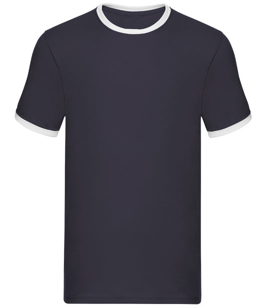 Navy blue t-shirt with white trim on a white background