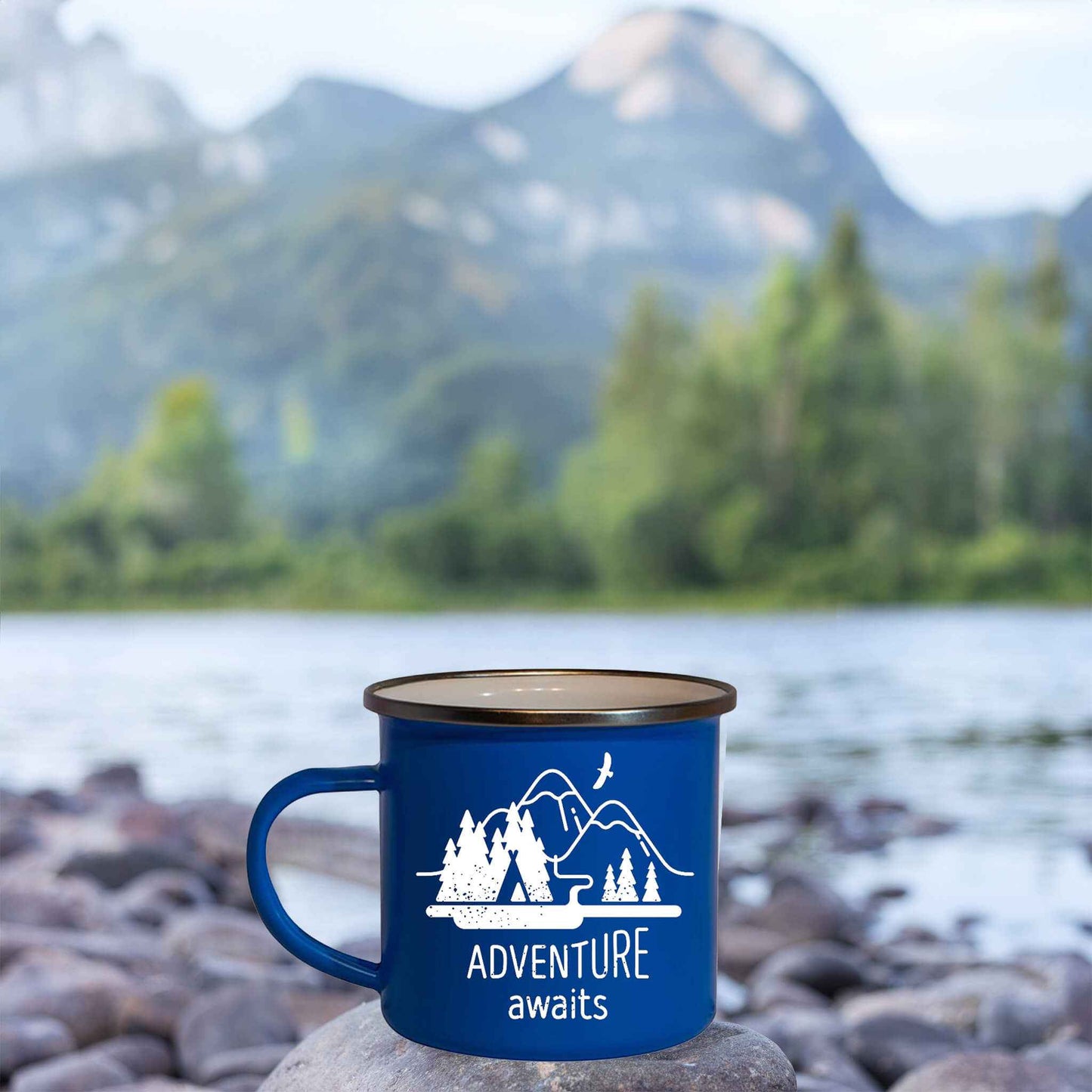 adventure awaits graphic enamel mug