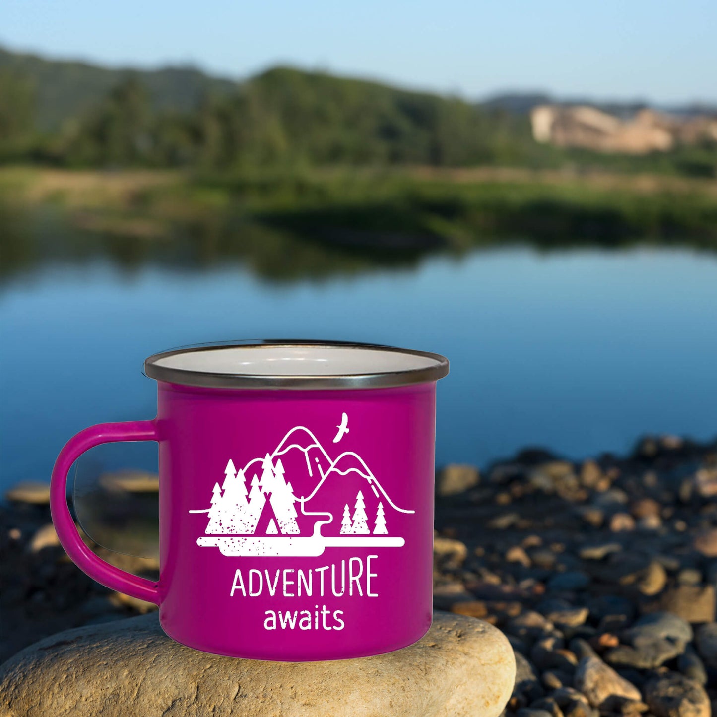adventure awaits graphic enamel mug