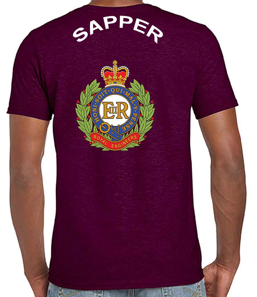 Maroon Royal Engineers T-Shirt with embroidered cap badge and 'Sapper' text on back. Military apparel for UK veterans, serving personnel, and supporters.