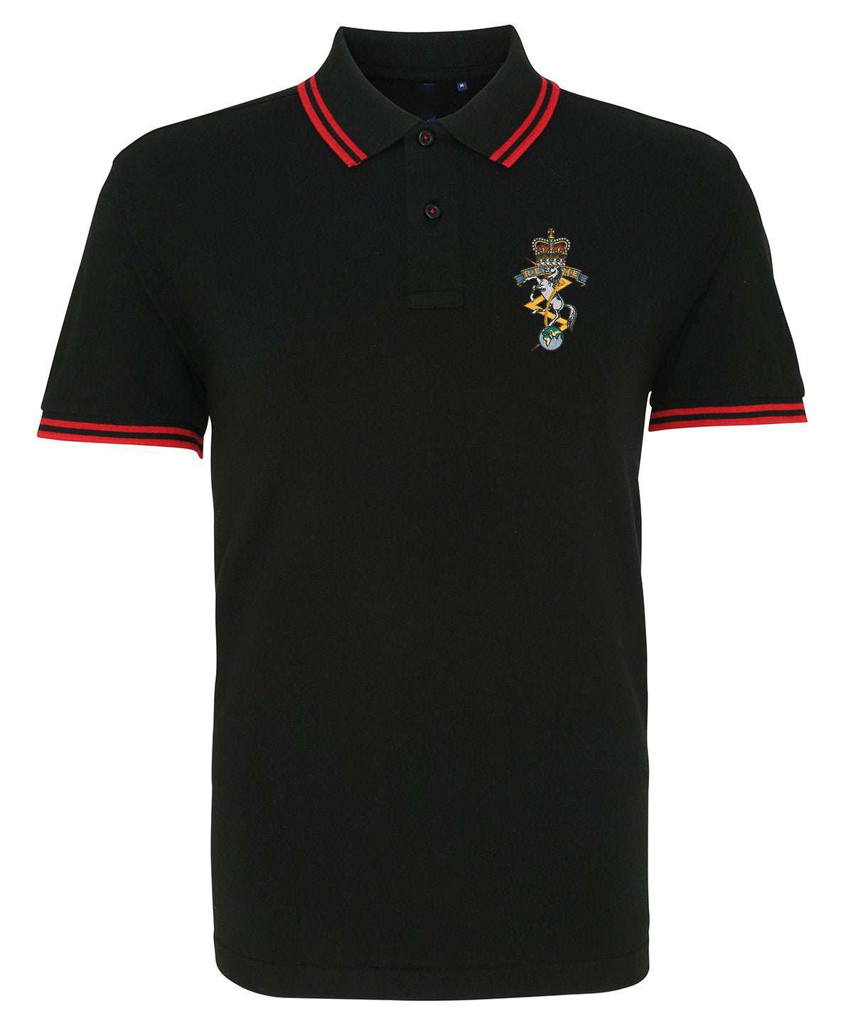 Navy blue REME polo shirt with light blue tipping and embroidered cypher logo on chest.