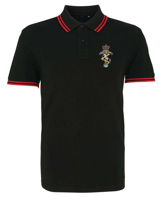 Navy blue REME polo shirt with light blue tipping and embroidered cypher logo on chest.
