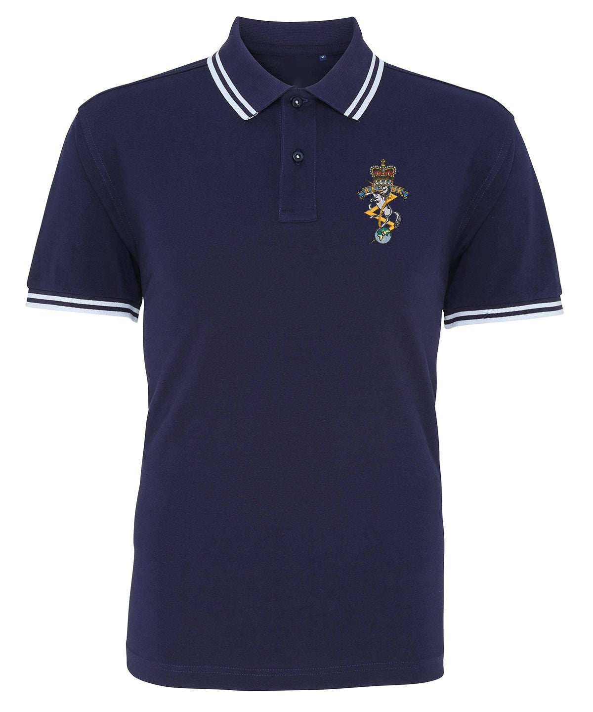 Navy REME tipped polo shirt with embroidered King's or Queen's Cypher logo on chest.