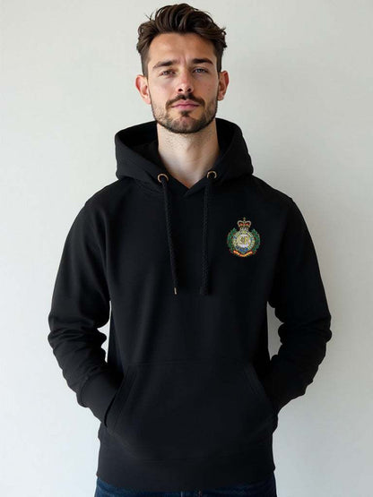 Black Royal Engineers Hoodie featuring premium embroidered Royal Engineers logo, perfect military apparel for UK veterans, serving personnel, and supporters.