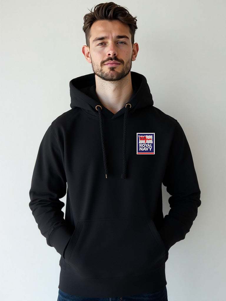Black Royal Navy Hoodie featuring premium embroidered Royal Navy logo, modelled by a male, perfect military apparel for UK veterans, serving personnel, and supporters.