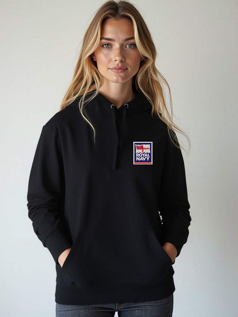 Black Royal Navy Hoodie featuring premium embroidered Royal Navy logo, modelled by a female, perfect military apparel for UK veterans, serving personnel, and supporters.