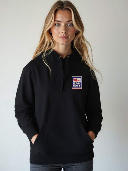 Black Royal Navy Hoodie featuring premium embroidered Royal Navy logo, modelled by a female, perfect military apparel for UK veterans, serving personnel, and supporters.