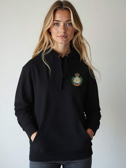  Black Royal Engineers hoodie featuring premium embroidered Royal Engineers logo, modelled by a female. Ideal for UK veterans, serving Sappers, and proud supporters.