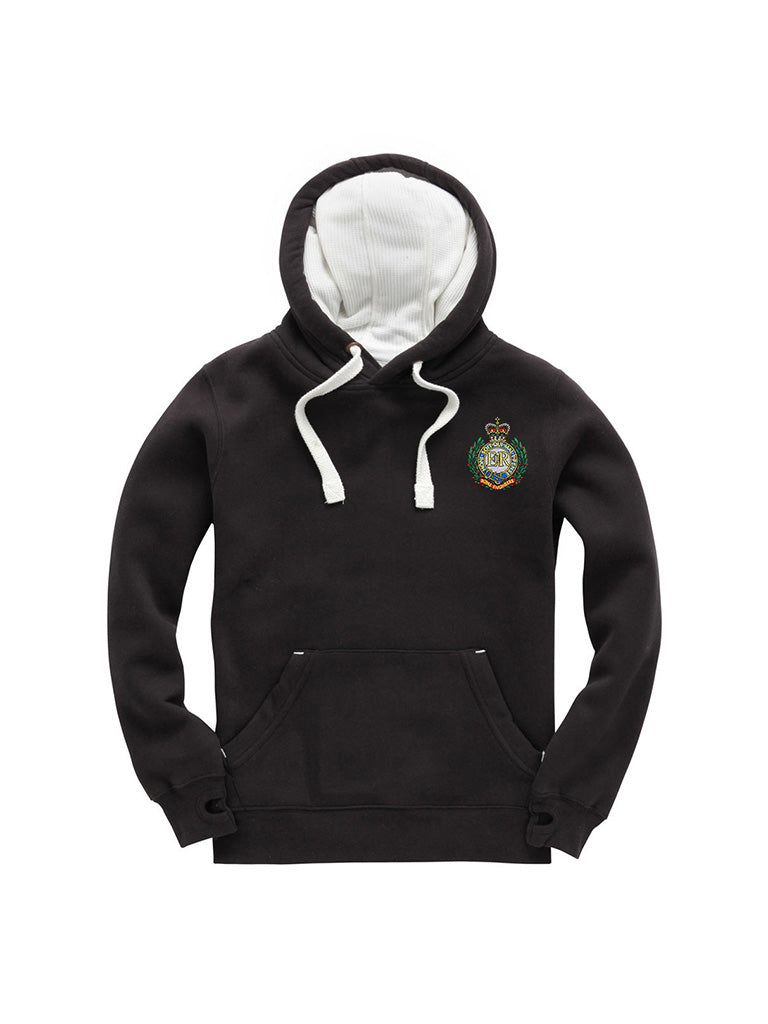 Man wearing a black hoodie with a Royal Engineers crest on the left chest, white drawstrings, and a front pouch pocket, laid flat on a white background.