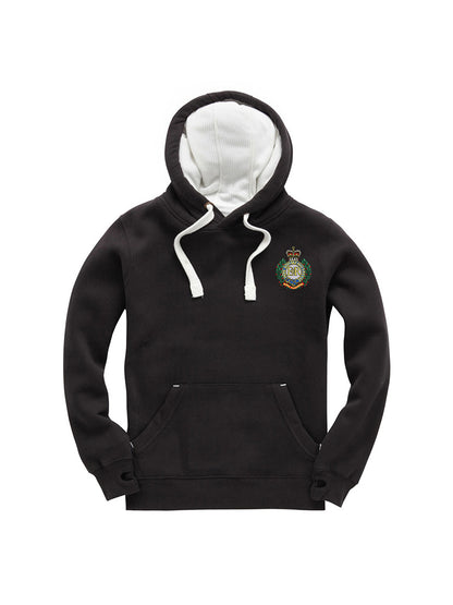 Man wearing a black hoodie with a Royal Engineers crest on the left chest, white drawstrings, and a front pouch pocket, laid flat on a white background.