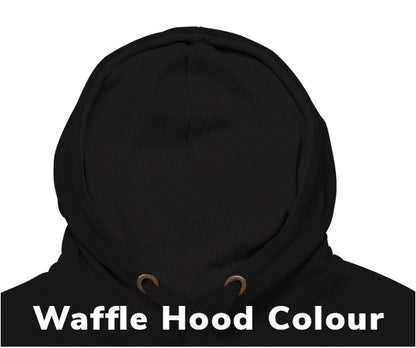 Close-up view of a black waffle-textured hoodie hood, displayed on a white background with the text "Waffle Hood Colour" at the bottom.