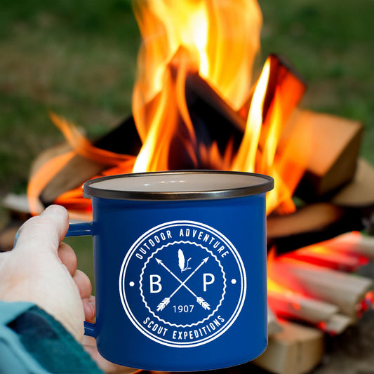 A blue enamel mug with image of BP Scouting Expeditions Since 1907