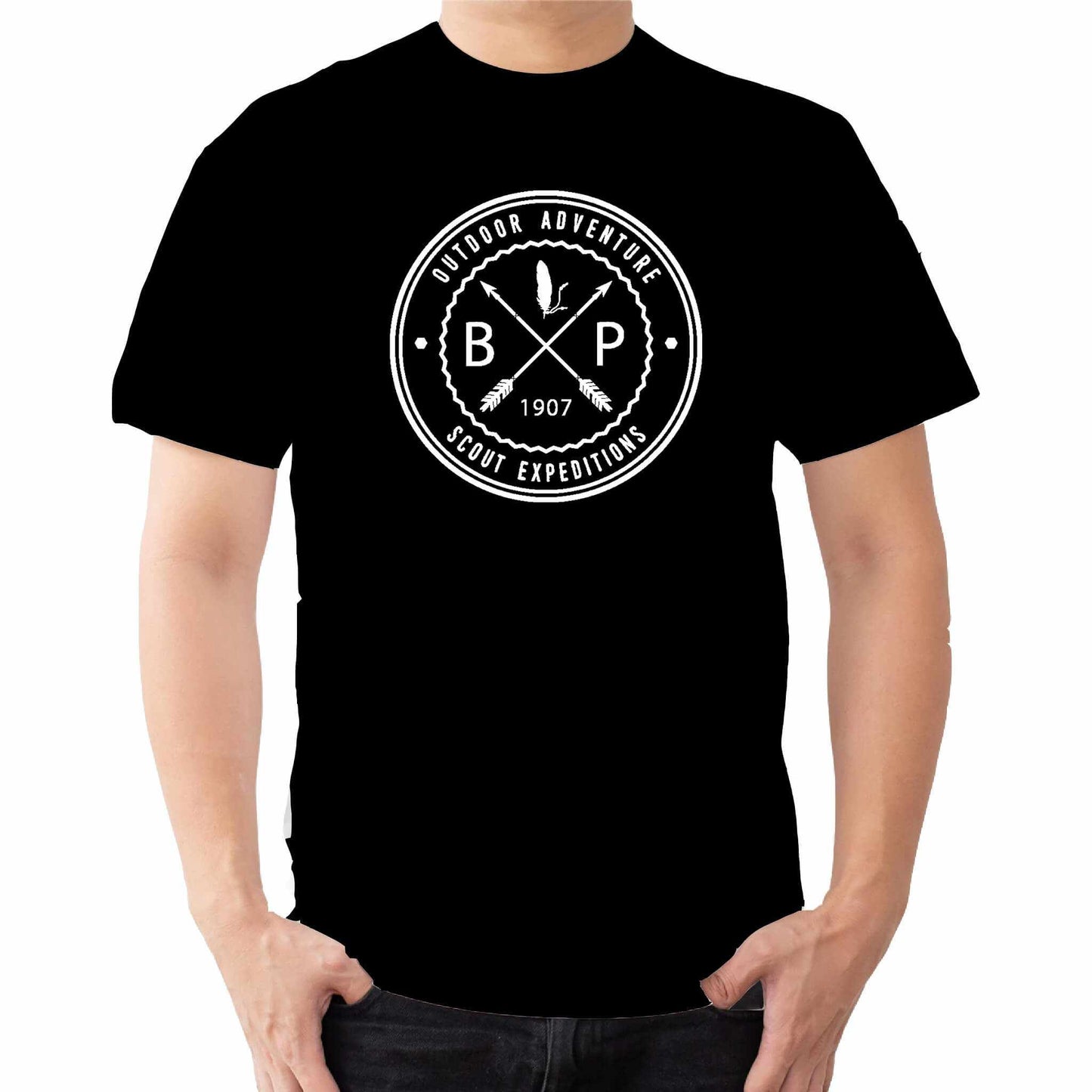 a black t shirt with the text out door adveture scout expeditions BP 1907 with crossed arrows.