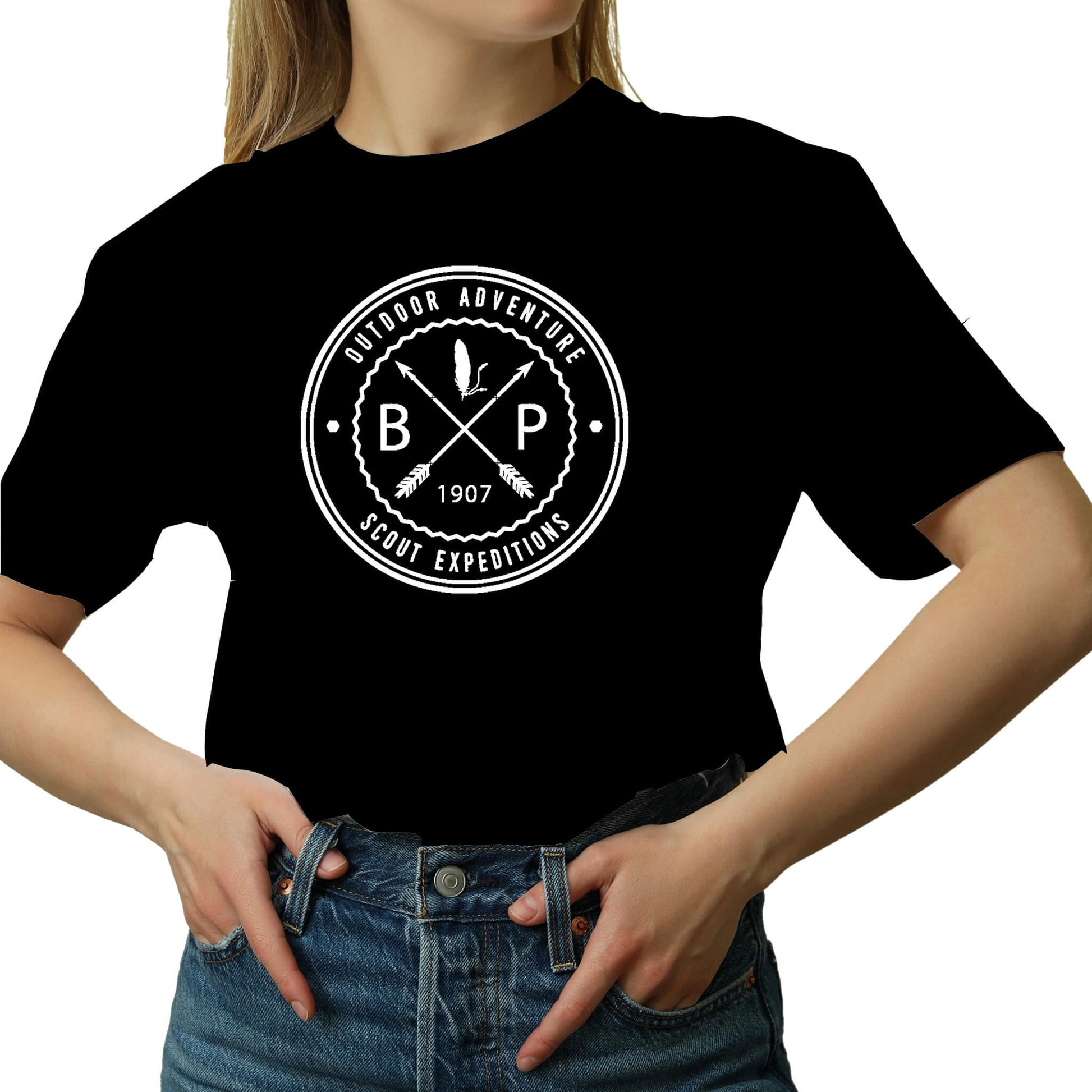 a black t shirt with the text out door adveture scout expeditions BP 1907 with crossed arrows.
