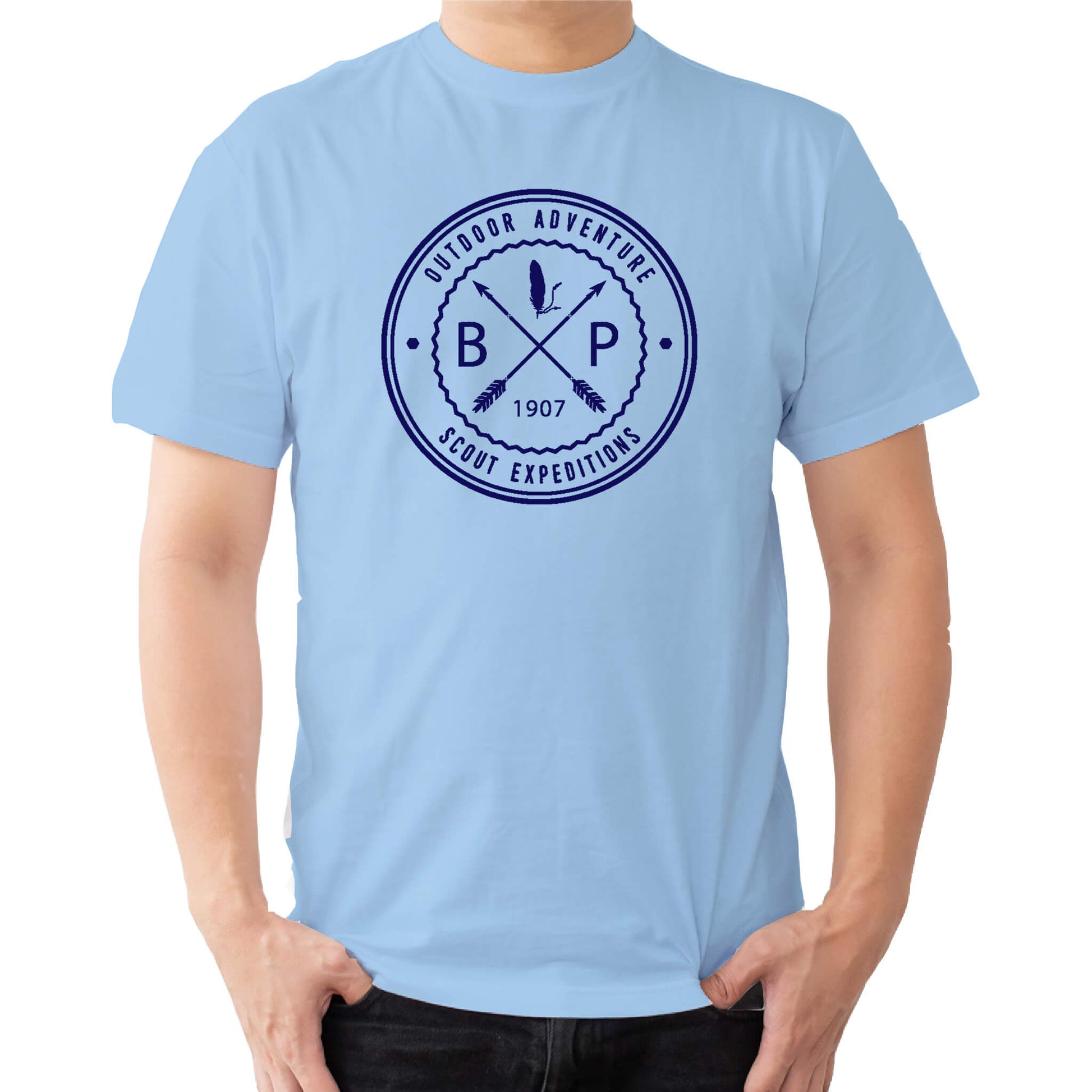 a  t shirt with the text out door adveture scout expeditions BP 1907 with crossed arrows.