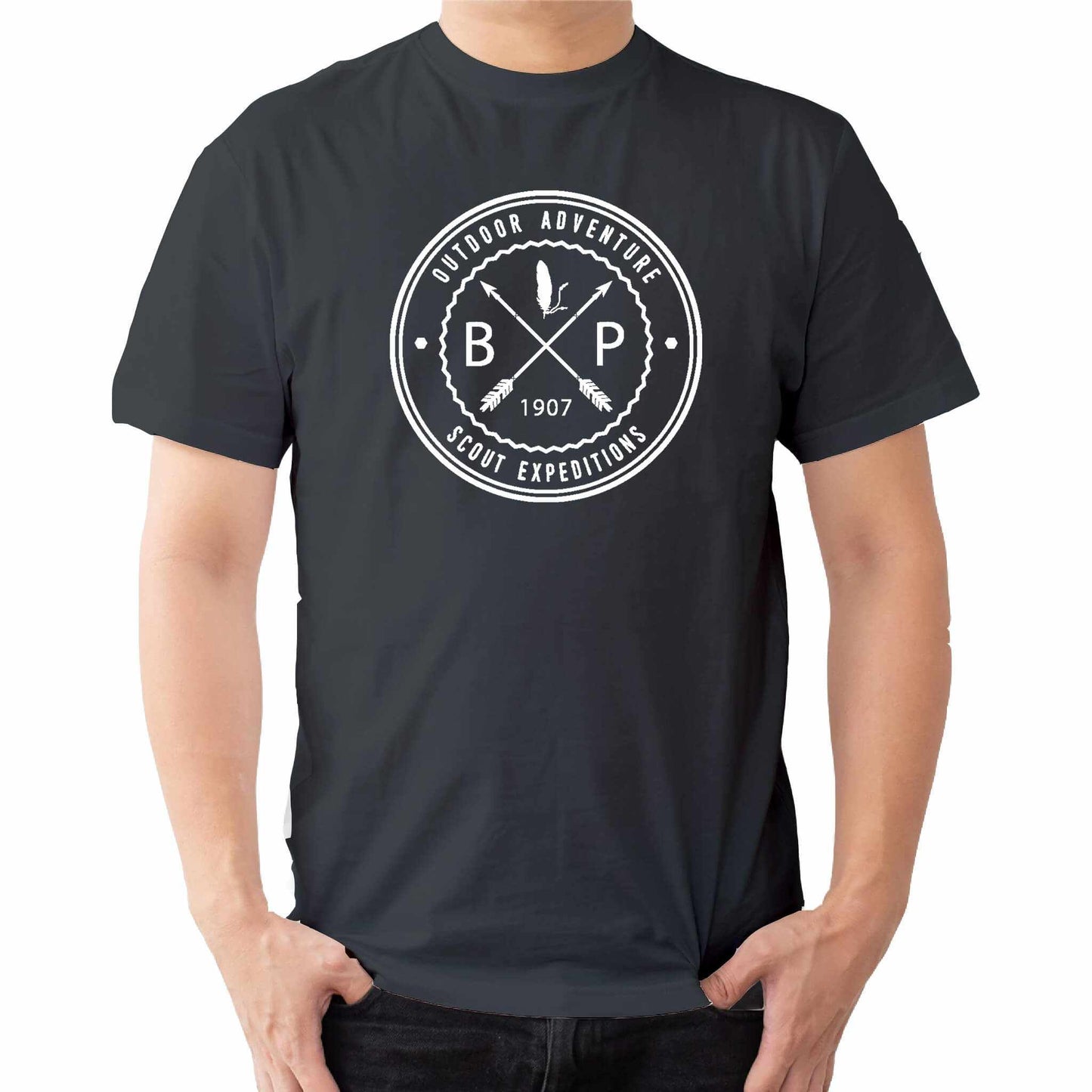 a  t shirt with the text out door adveture scout expeditions BP 1907 with crossed arrows.