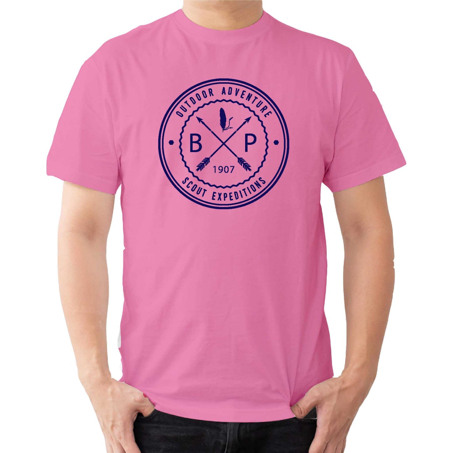 a  t shirt with the text out door adveture scout expeditions BP 1907 with crossed arrows.