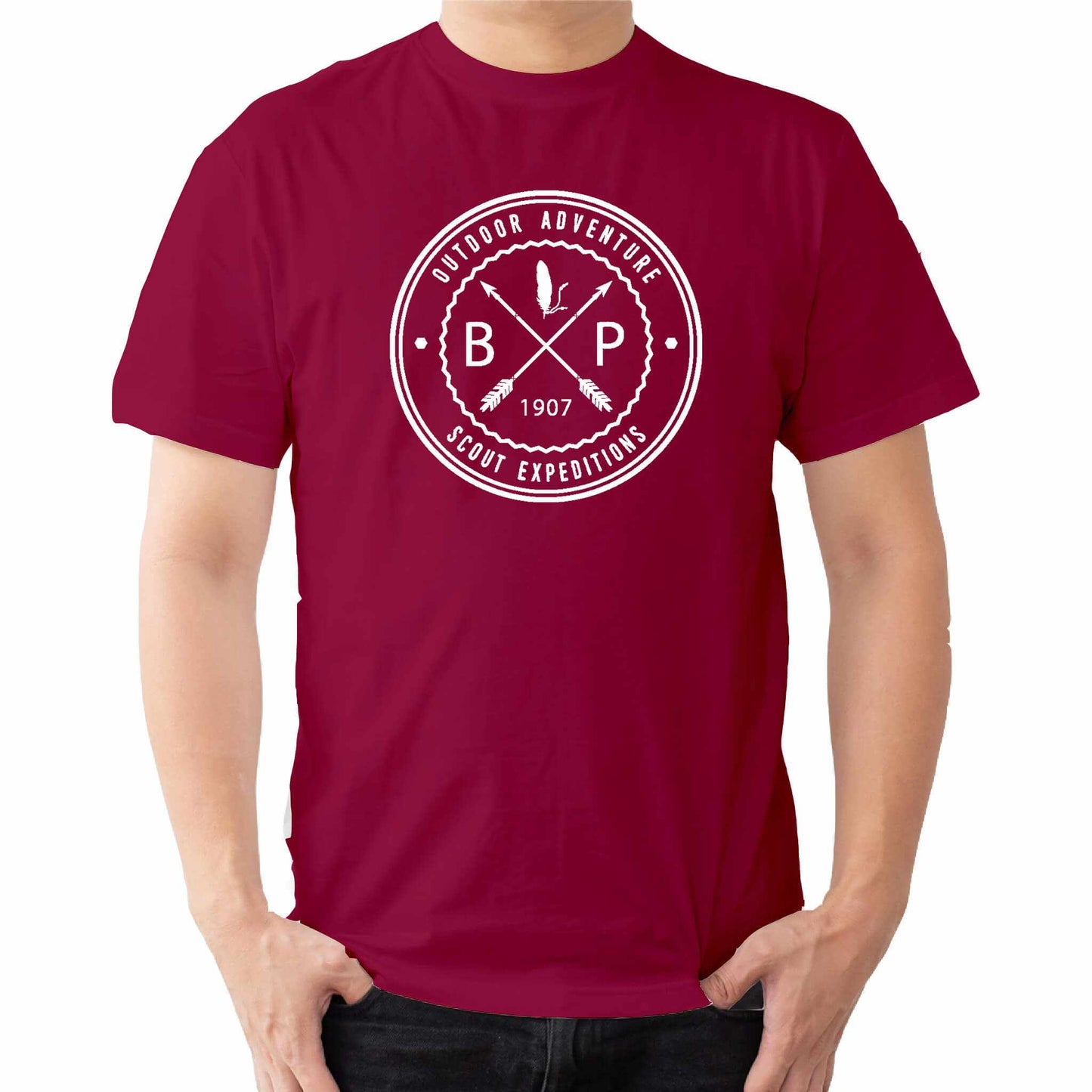 a  t shirt with the text out door adveture scout expeditions BP 1907 with crossed arrows.