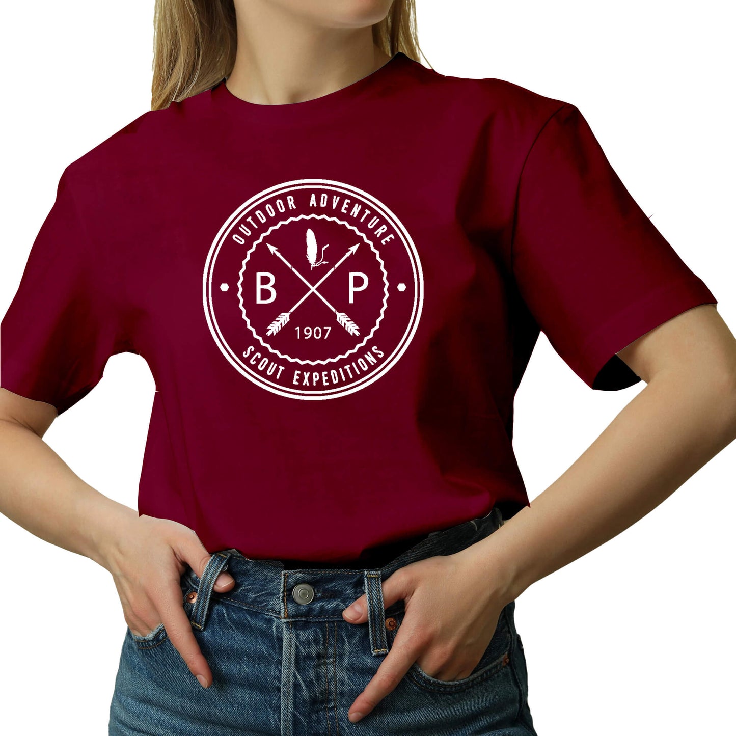 a  t shirt with the text out door adveture scout expeditions BP 1907 with crossed arrows.