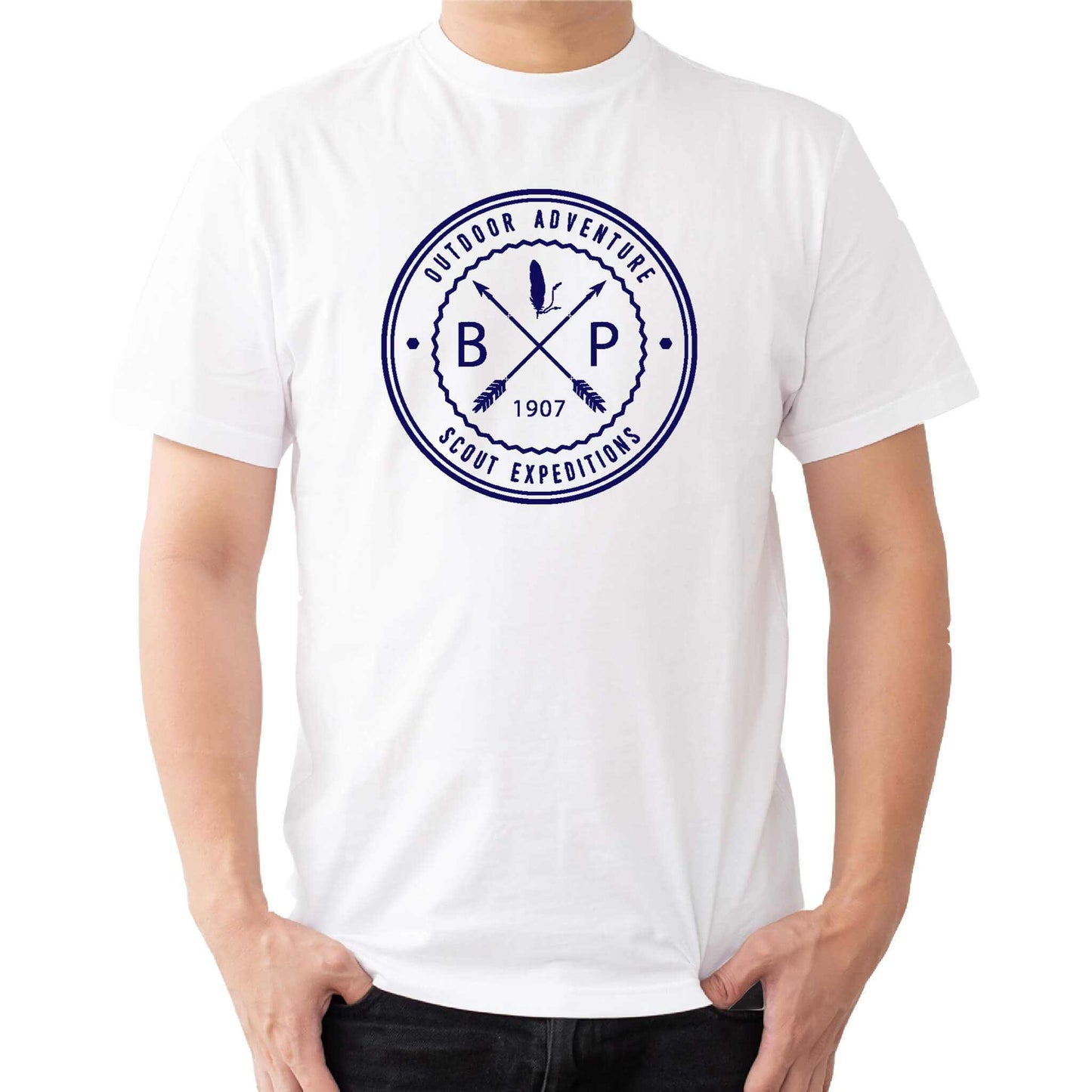 a white t shirt with the text out door adveture scout expeditions BP 1907 with crossed arrows.