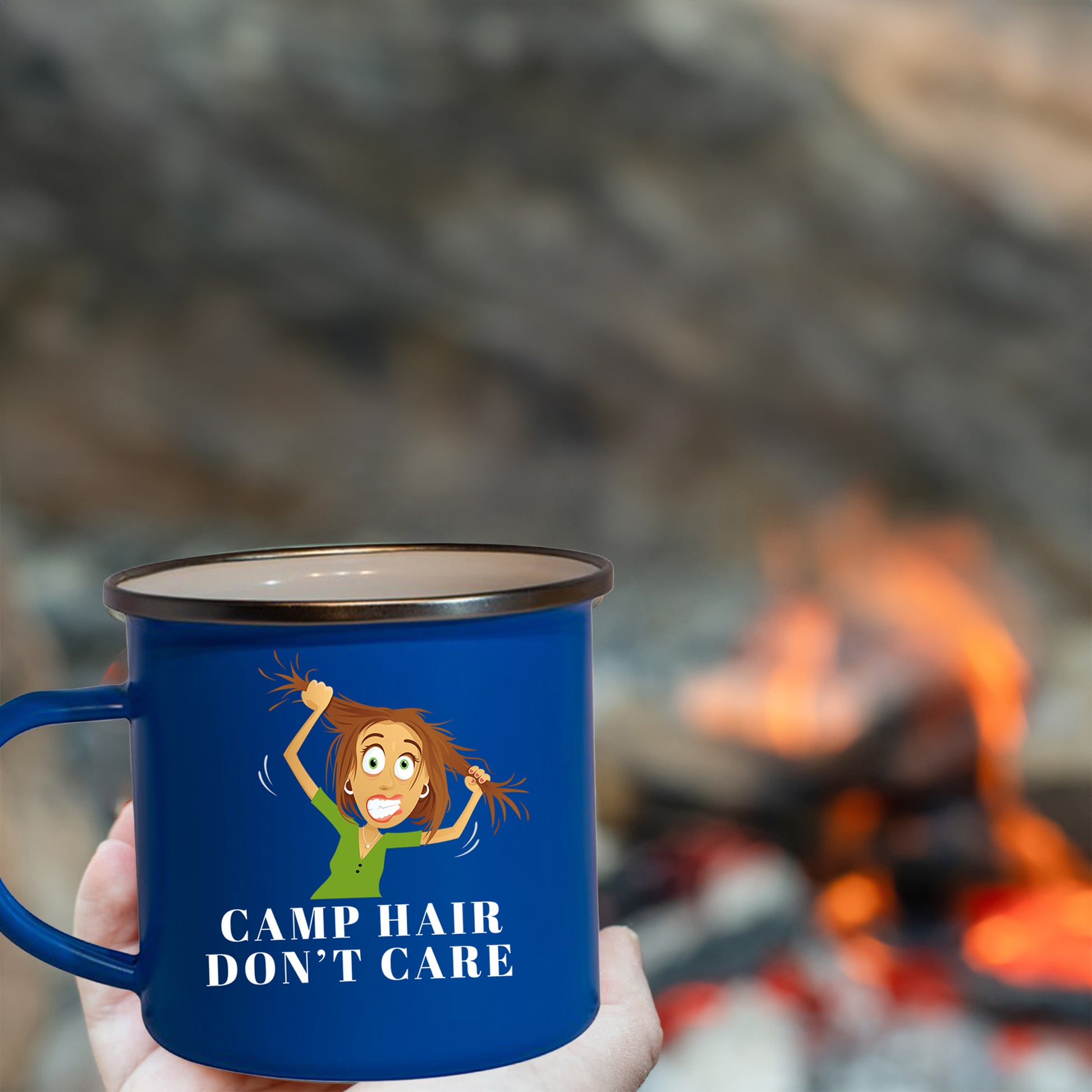 enamel mug with image camp hair don't care