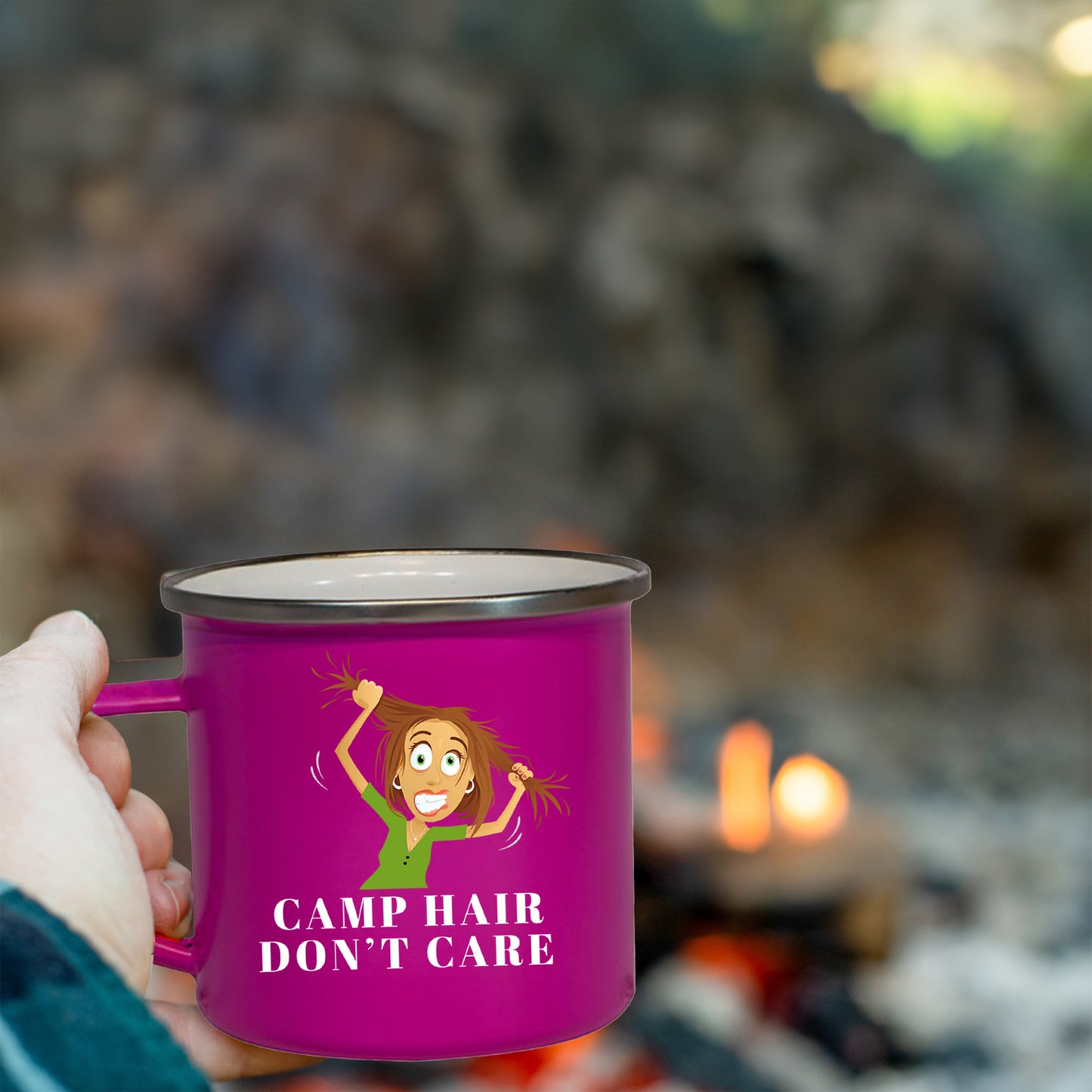 enamel mug with image camp hair don't care