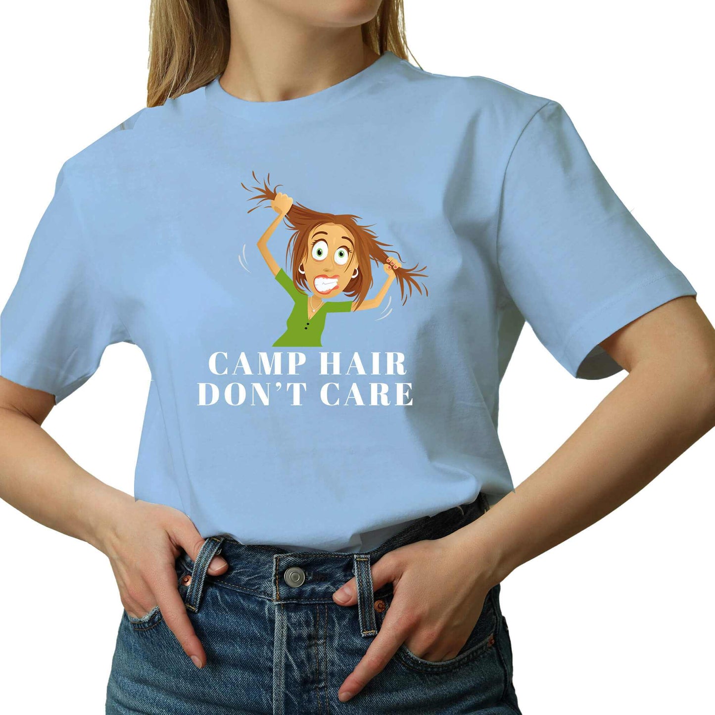 Embrace the Wild with our "Camp Hair Don't Care" Graphic T-Shirt - Your Go-To Outdoors Companion!